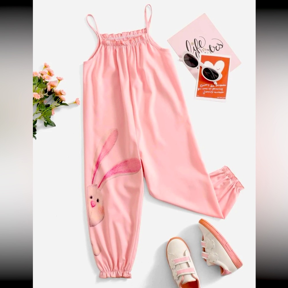 Girls size 5, pink bunny romper. Long pants. Perfect for Easter.